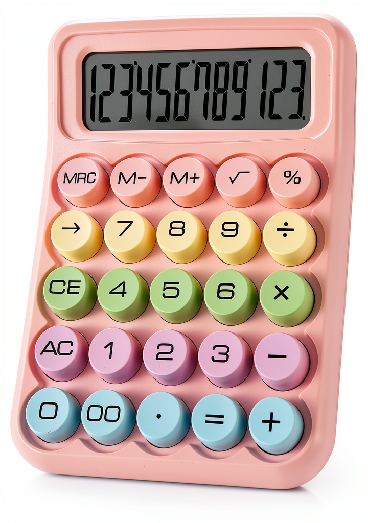 Pink CHAKAKA calculator on a wooden desk