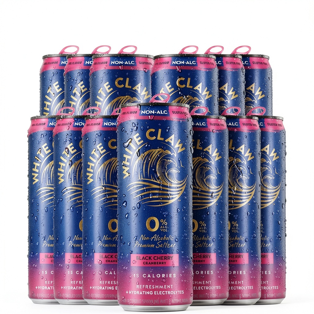 White Claw 0% Alcohol Black Cherry Cranberry seltzer cans displayed on a table