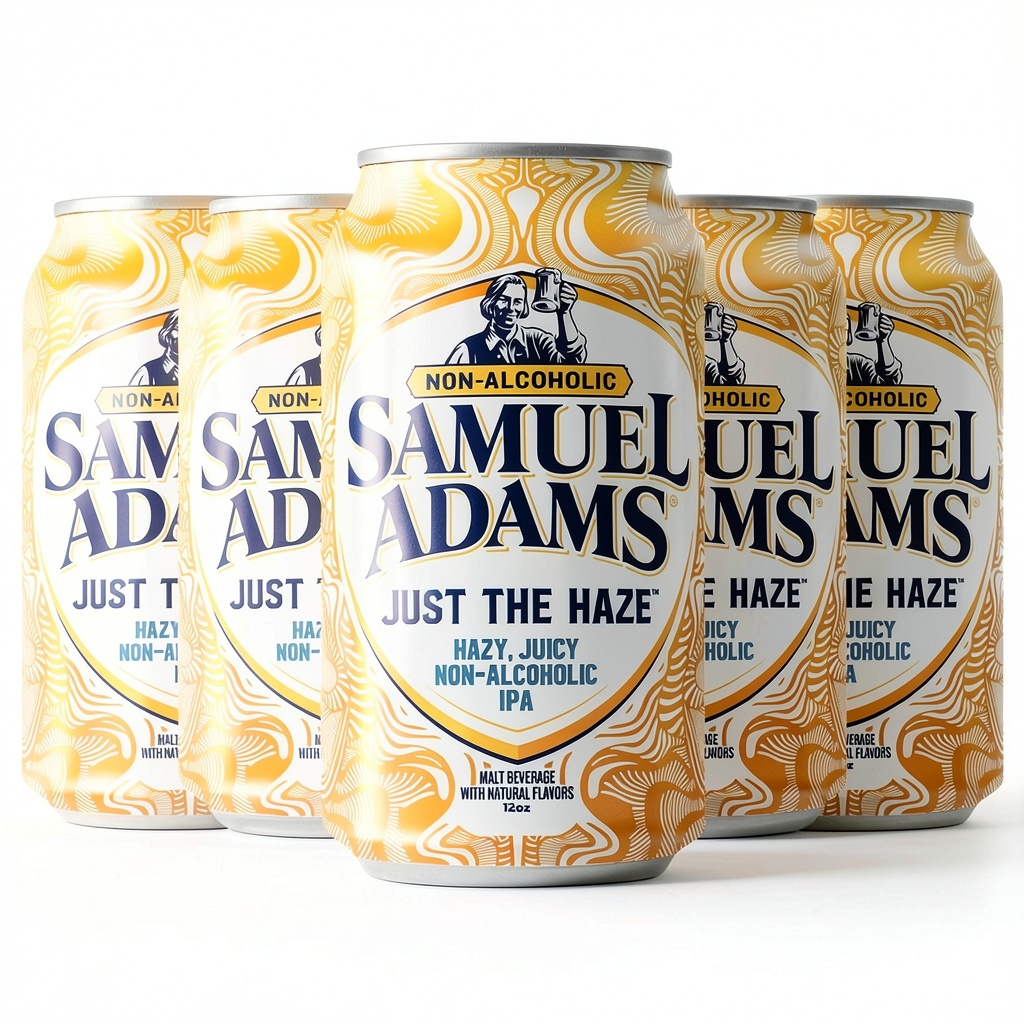 Samuel Adams Just The Haze non-alcoholic IPA cans displayed on a table