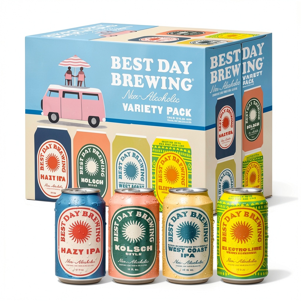 Best Day Brewing non-alcoholic beer variety pack displayed on a table