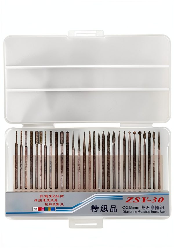 Yakamoz 30Pcs 2.35mm Shank Titanium-Coated Diamond Burrs Set Rotary File Burs Accessories Kit for Rotary Grinder Tools Grinding Polishing Carving Stone Jewelry Glass Ceramics-1